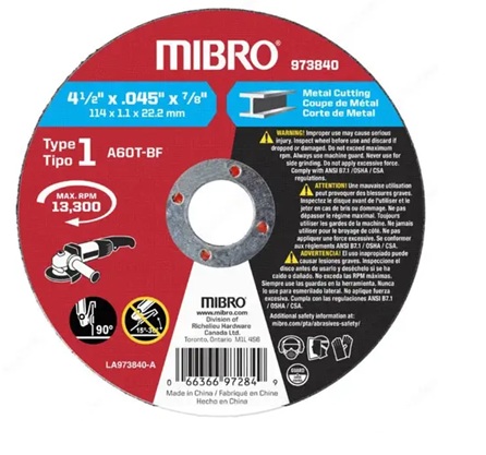 Disque à tronçonner, Ø 4″, épaisseur : 1/16″, alésage : 5/8″, Metal&Manson