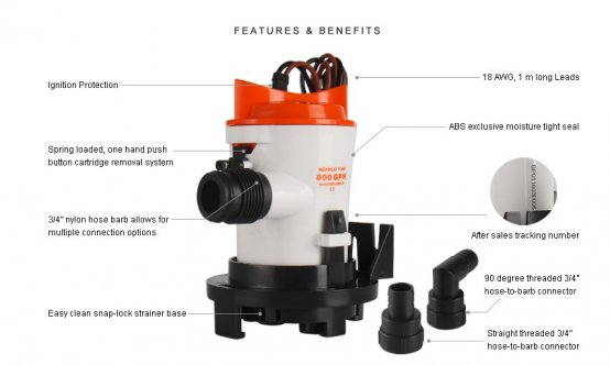 Pompe de cale submersible non automatique série 03 12 V 800 GpH